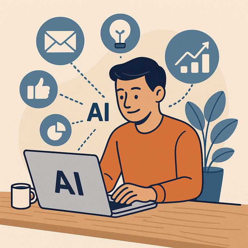 Illustration of a small business owner using AI marketing tools on a laptop surrounded by icons for email, social, and analytics