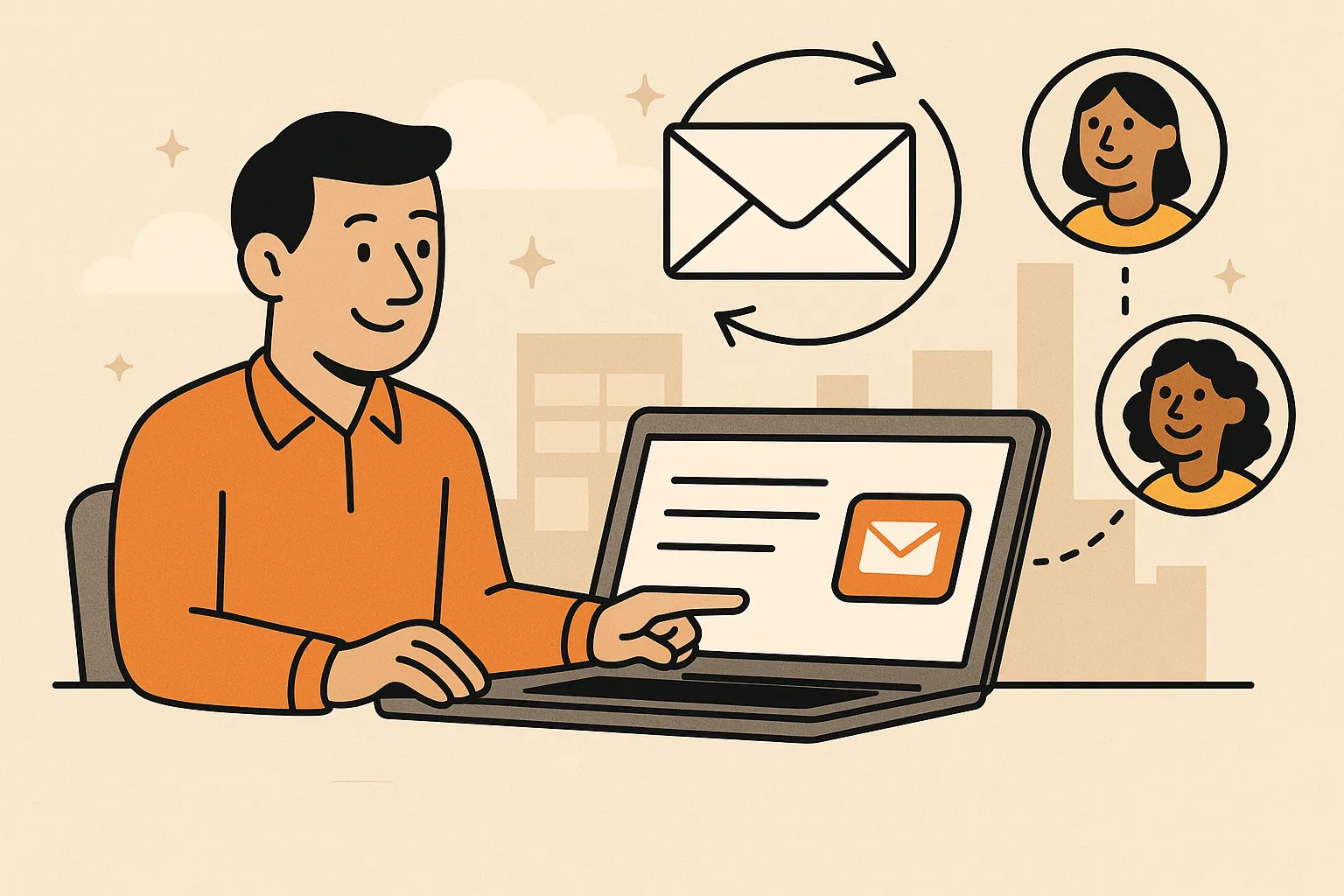 Illustration of small business owner sending automated email campaigns to happy repeat customers