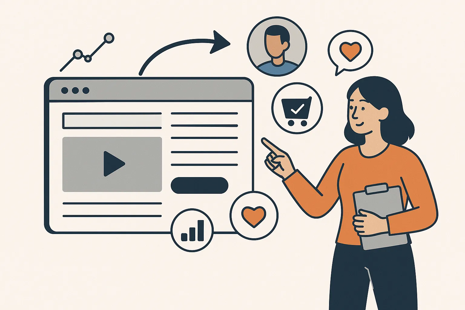 Illustration of a small business website turning clicks into customer conversions through analytics and engagement icons
