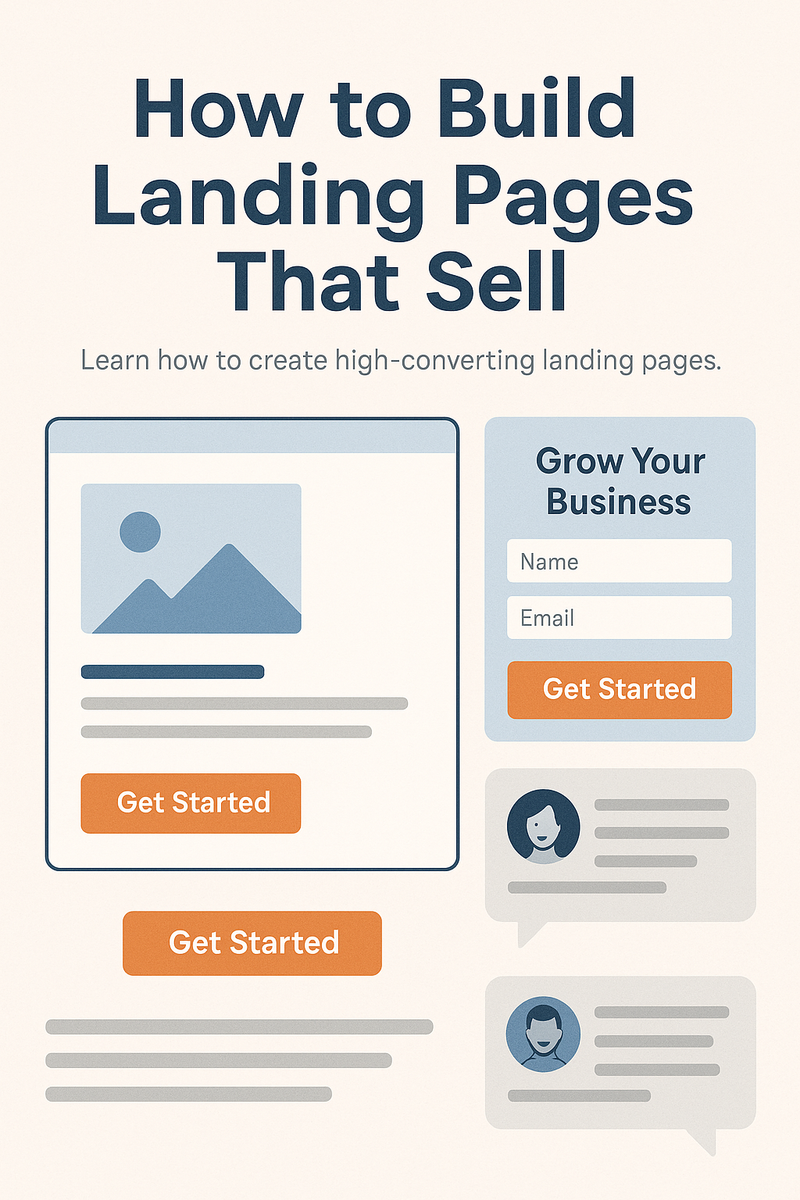 Illustration of a high-converting landing page with key conversion elements like headlines, buttons, and testimonials