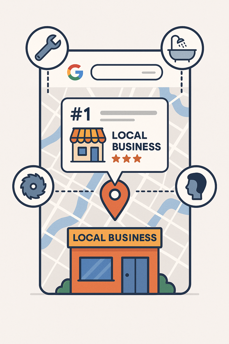 Illustration of a local business ranking on Google Maps with connected service icons