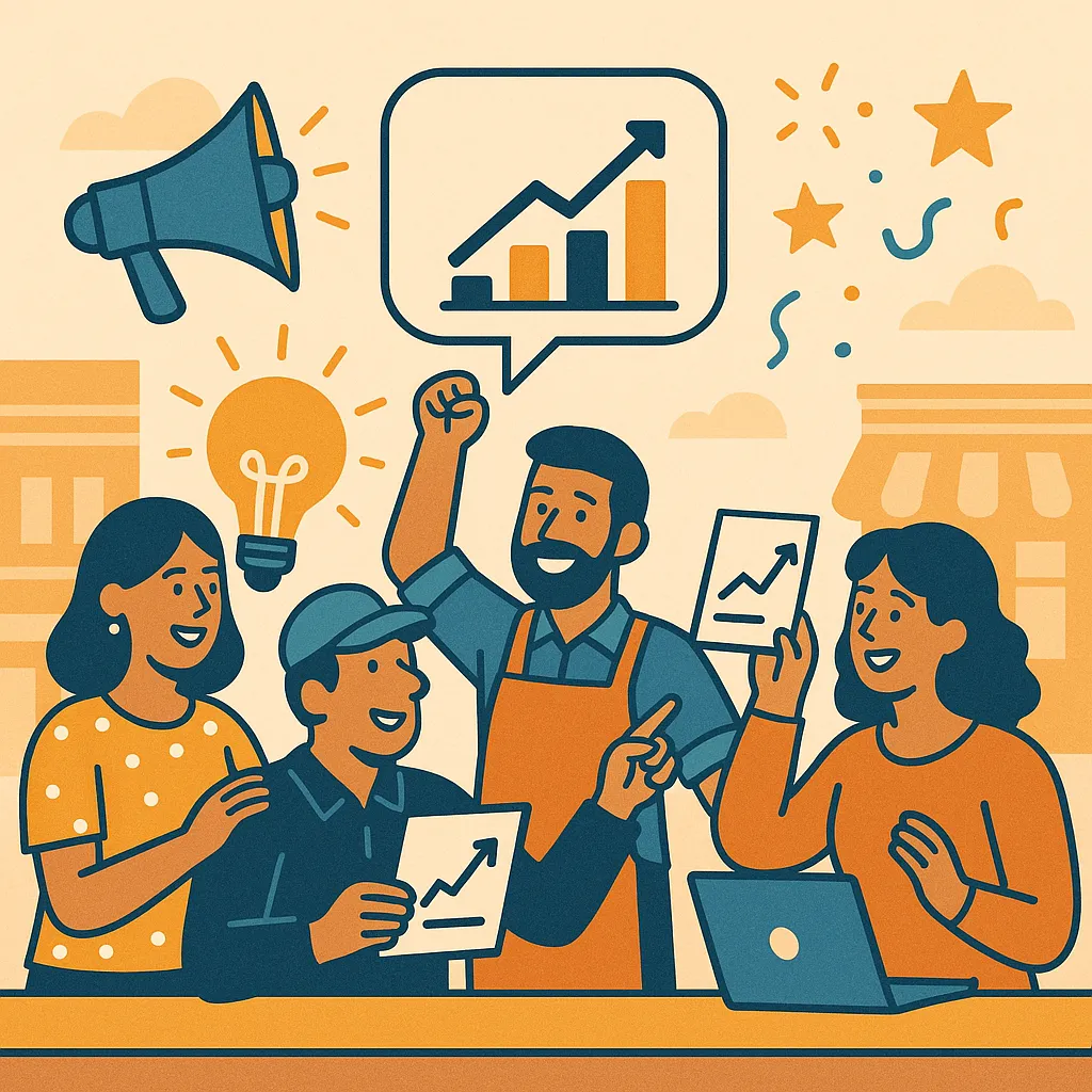 Illustration of local business owners sharing marketing ideas and celebrating community success