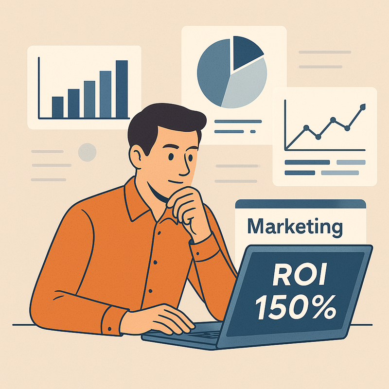 Illustration of a small business owner analyzing charts, ROI dashboards, and marketing performance metrics