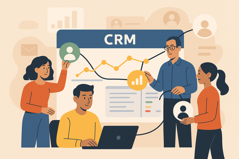 Illustration of a small business team connecting data and customers through a CRM dashboard